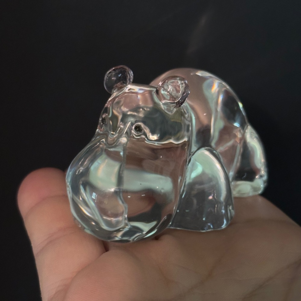 Hippo Figurine Clear Pink Art Glass Vintage Small Animal Decor Paperweight 2.5"